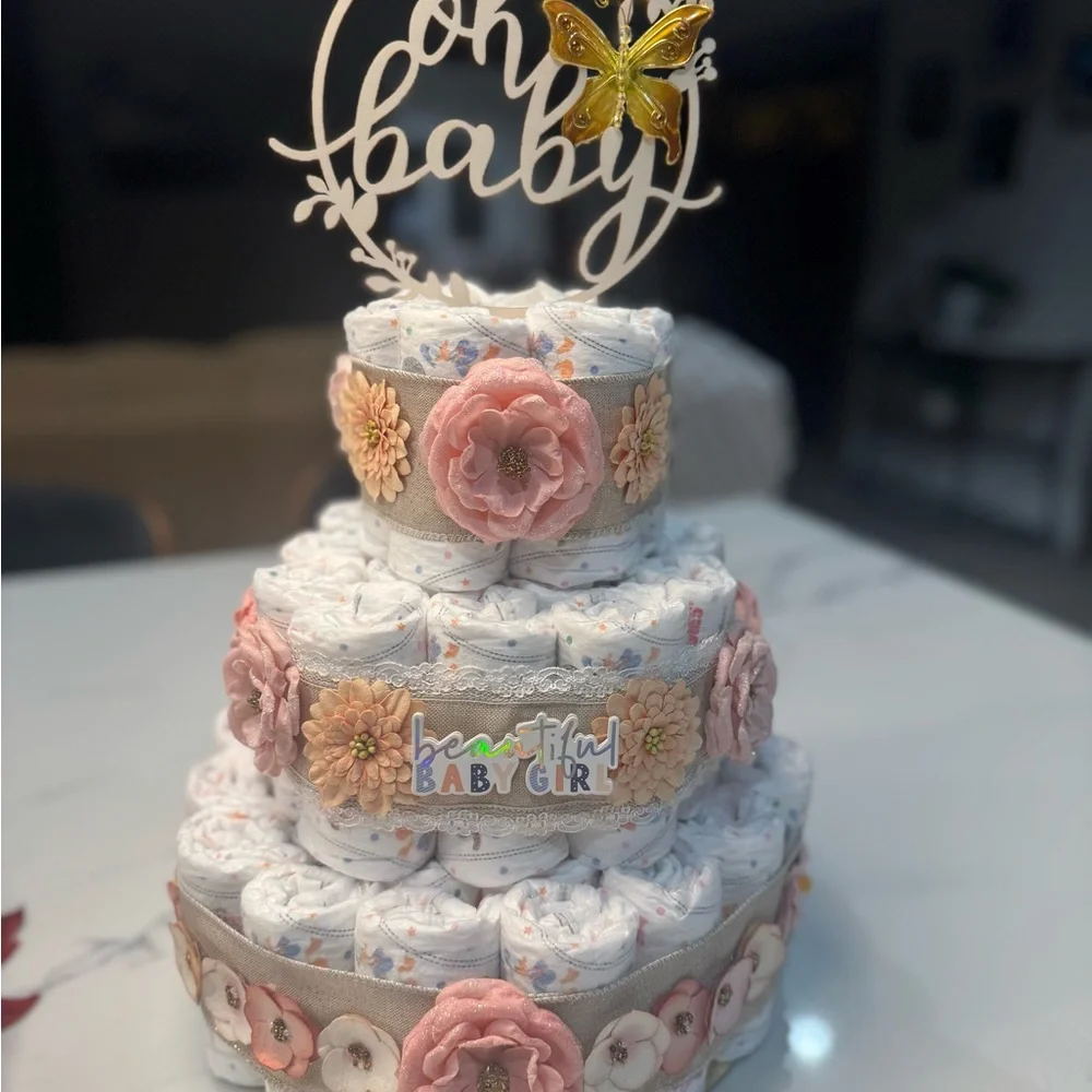 Beautiful Baby Girl Diaper Cake with Pink and Cream Accents